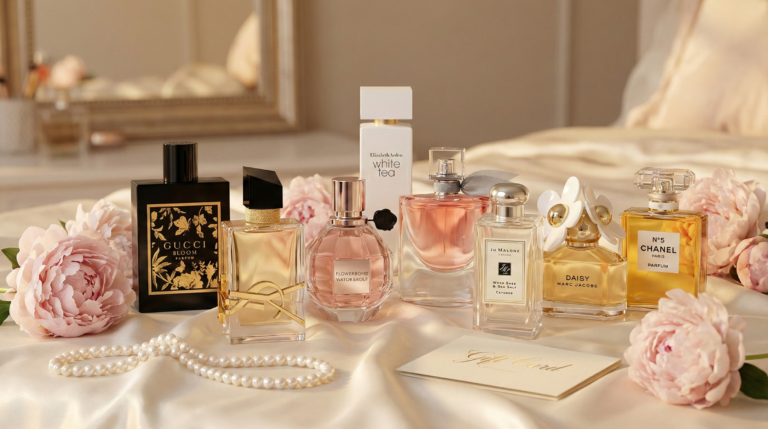 A collection of the 8 best perfumes for mom arranged as a luxury gift set with